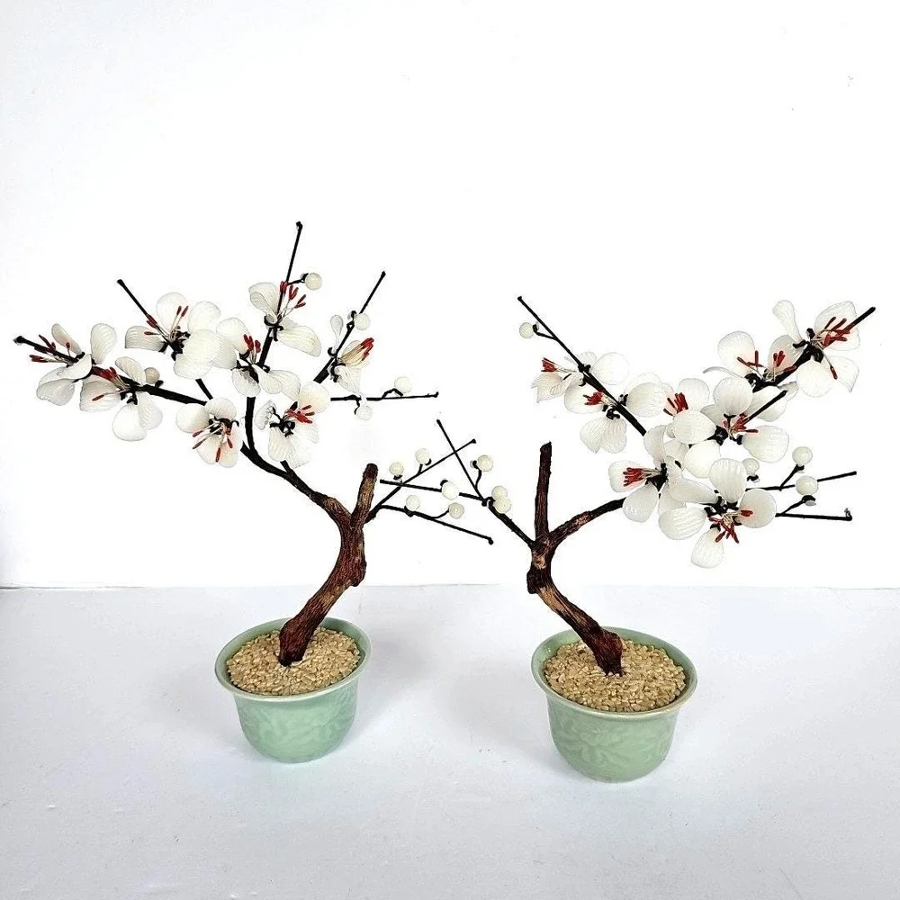 Vintage Chinese Glass Bonsai Tree Pair White Plum Blossom Celadon‎ Pot Decor
